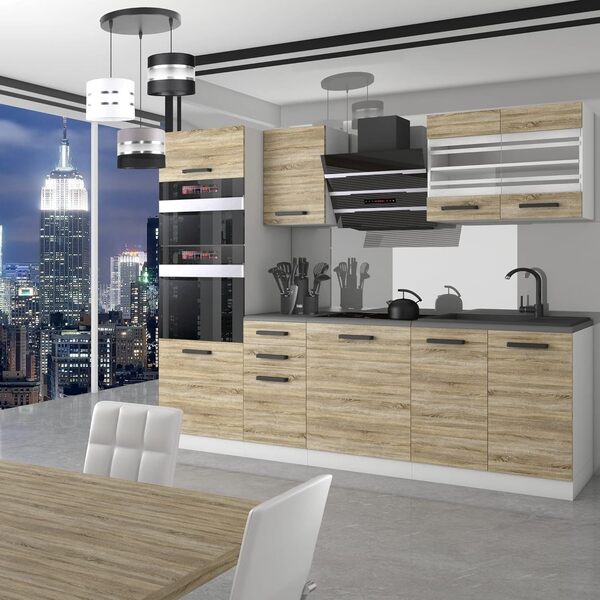 Belini Tracy Bloc de cuisine 240 cm, cuisine encastrable, entièrement équipée, sans appareils électriques, avec armoires suspendues et basses, chêne Sonoma