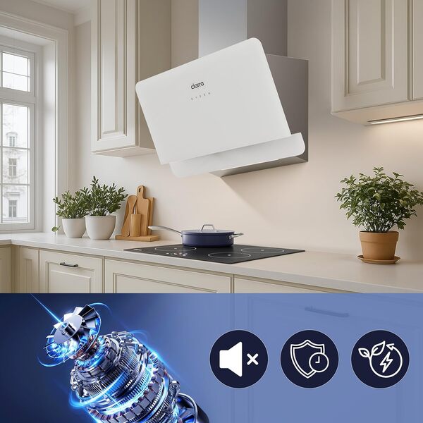 CIARRA CBCS6765C Hotte Inclinée Murale 60cm Classe A+ 580m³/h avec Filtre à Charbon CBCF055, 3 Vitesses, Écran Tactile, Évacuation & Recyclage, Verre et Inox -Blanche [Classe énergétique A+]