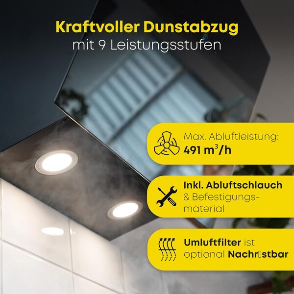 Bomann® Hotte aspirante 60cm | Hotte aspirante à recirculation ou à aspiration | Capot libre 9 niveaux de puissance | Hotte inclinée | Filtre en aluminium inclus | DU 7606.1 [Classe énergétique A++]