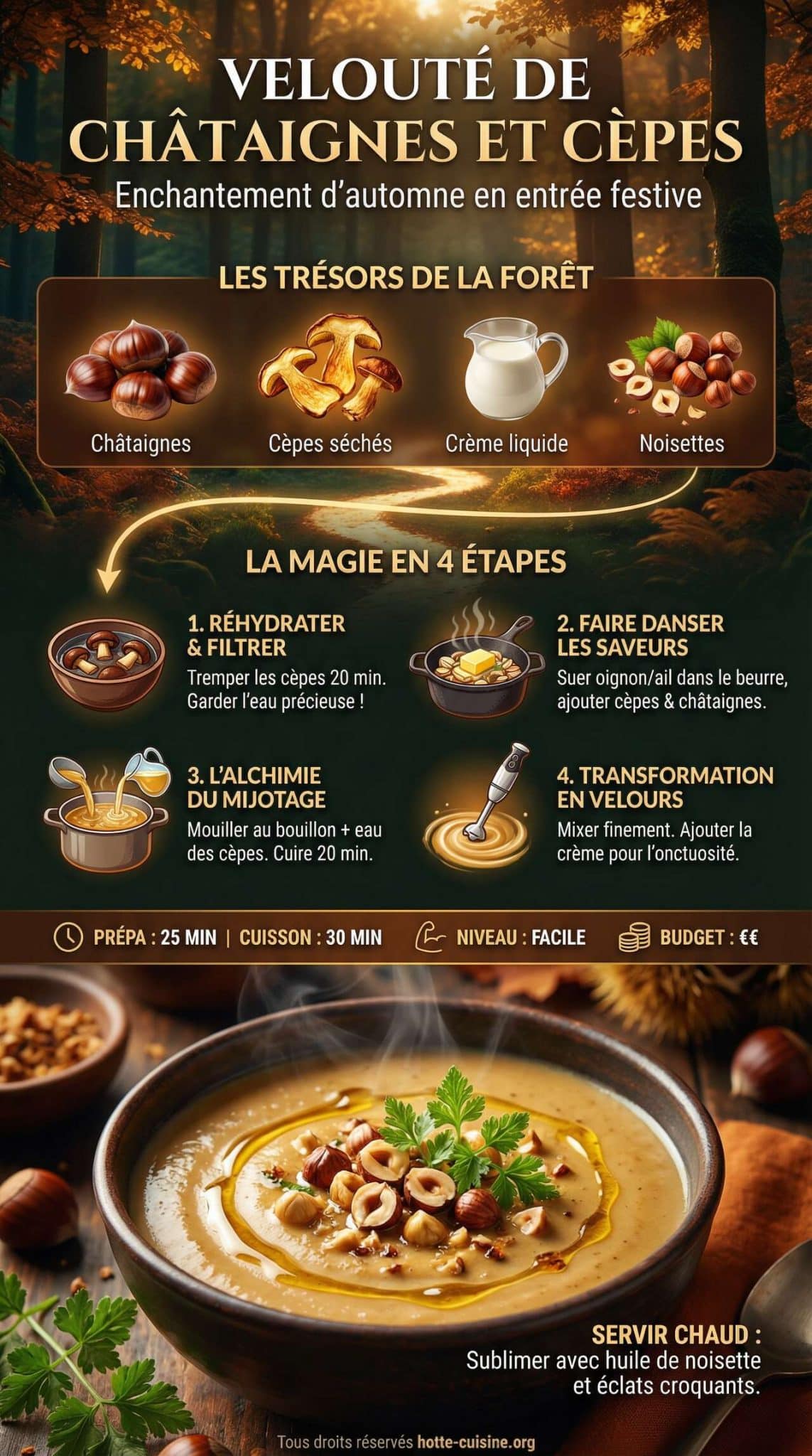 Infographie de la recette Velout&eacute; de ch&acirc;taignes et c&egrave;pes, enchantement d'automne en entr&eacute;e festive