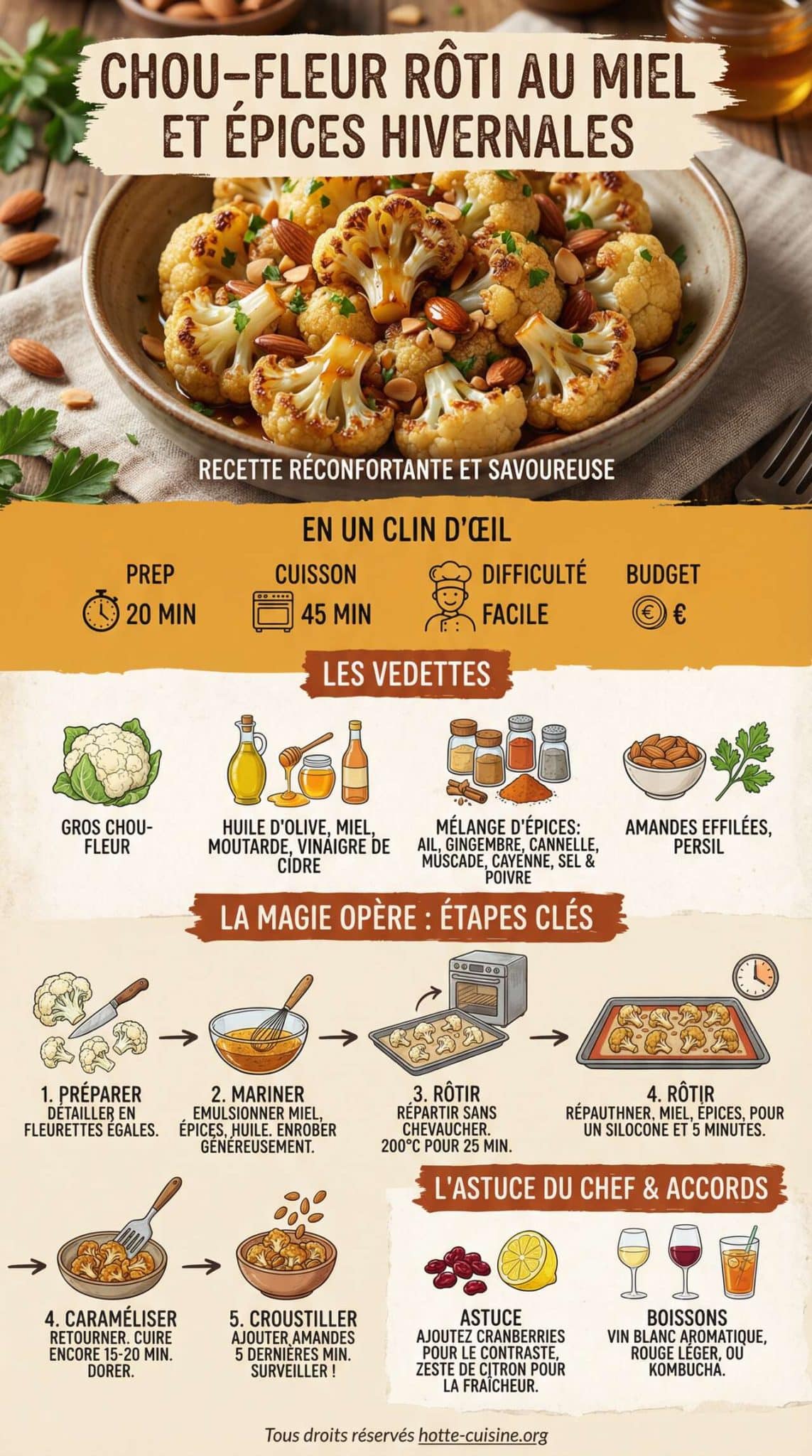 Infographie de la recette Chou-fleur r&ocirc;ti au miel et &eacute;pices hivernales
