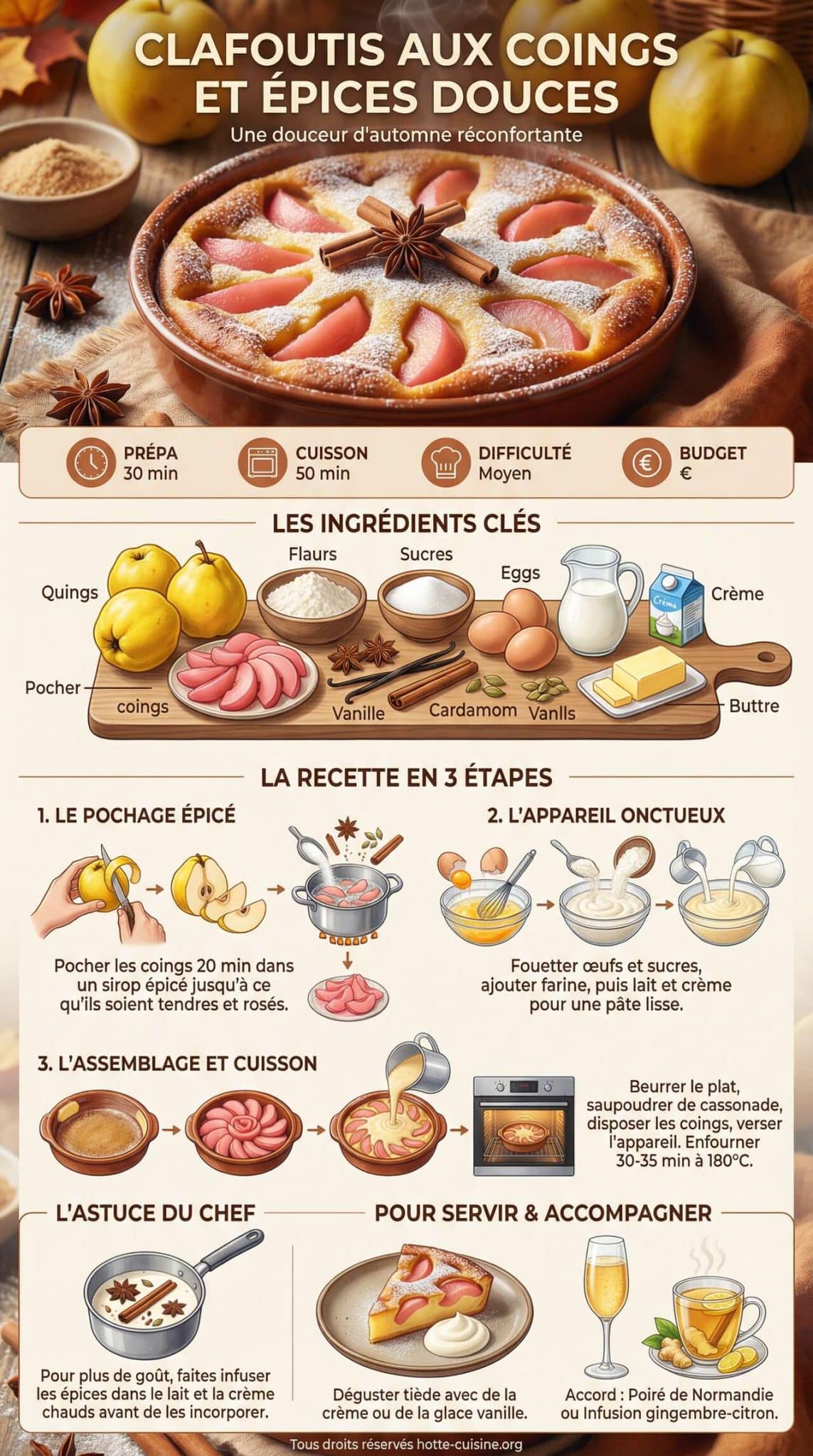 Infographie de la recette Clafoutis aux coings et &eacute;pices douces