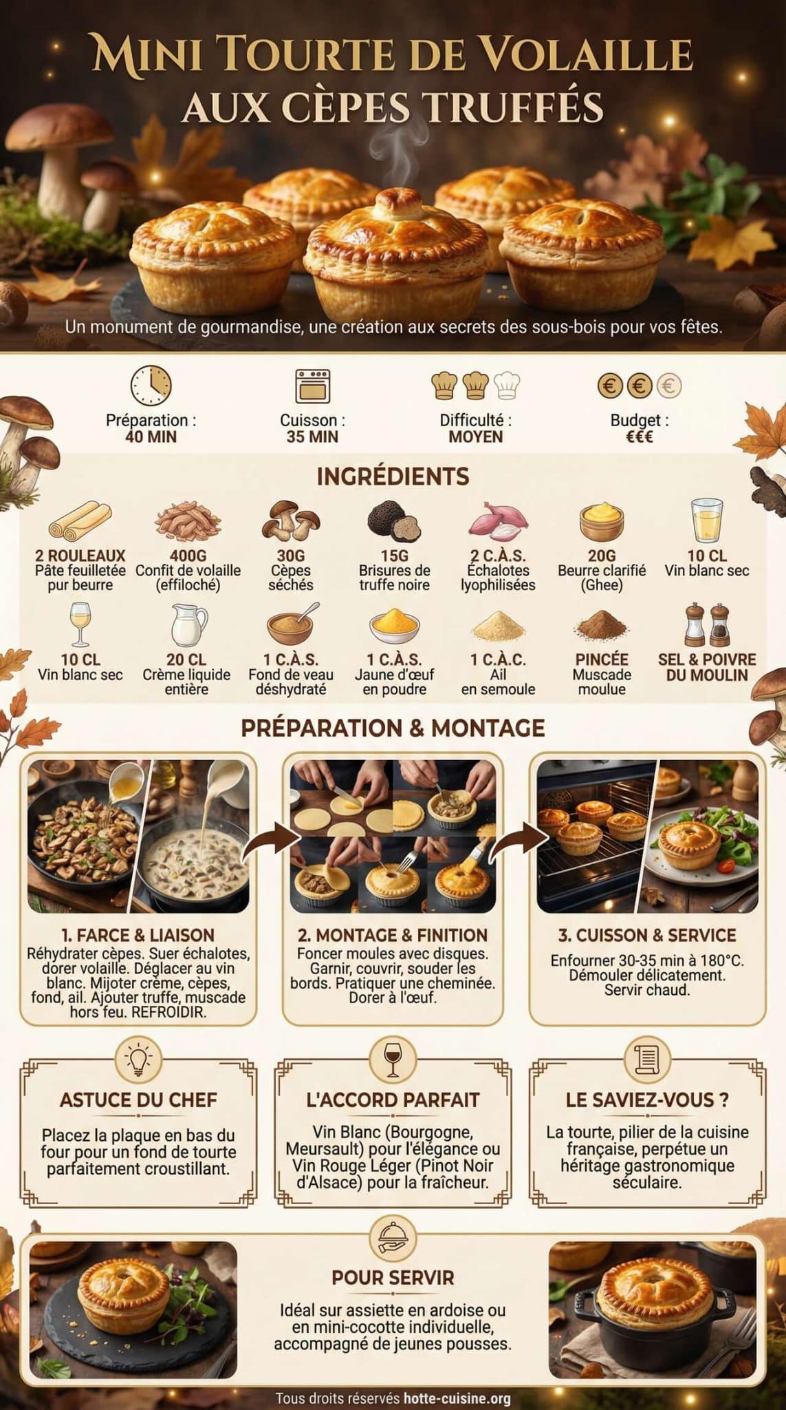 Infographie de la recette Recette de mini tourte de volaille aux c&egrave;pes truff&eacute;s