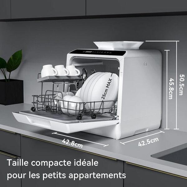 Hermitlux Mini-lave-vaisselle, lave-vaisselle de comptoir, utilisable avec robinet ou sans robinet, largeur de 43 cm, capable de contenir 4 sets, adapté au camping, 175 kWh/an, blanc [Classe énergétique D]