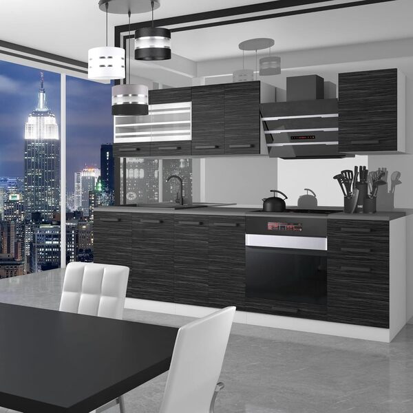 Belini Bloc de cuisine encastrable 240 cm, entièrement équipé, sans appareils électriques, avec armoires suspendues et inférieures, plans de travail en ébène royal