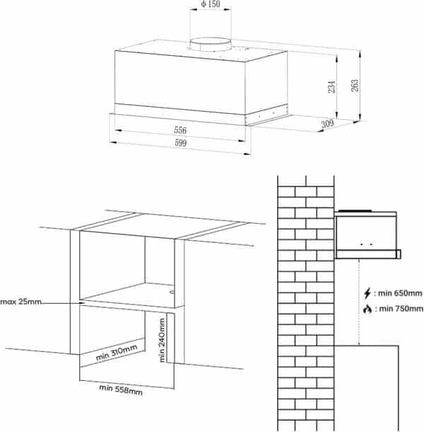 Ciarra CBCB6926A Hotte Aspirante Encastrable 60 cm Classe A+++ 650 m³/h, Hotte Compacte Encastrée Noir avec Filtre à Charbon CBCF003, Évacuation & Recyclage [Classe énergétique A+++]