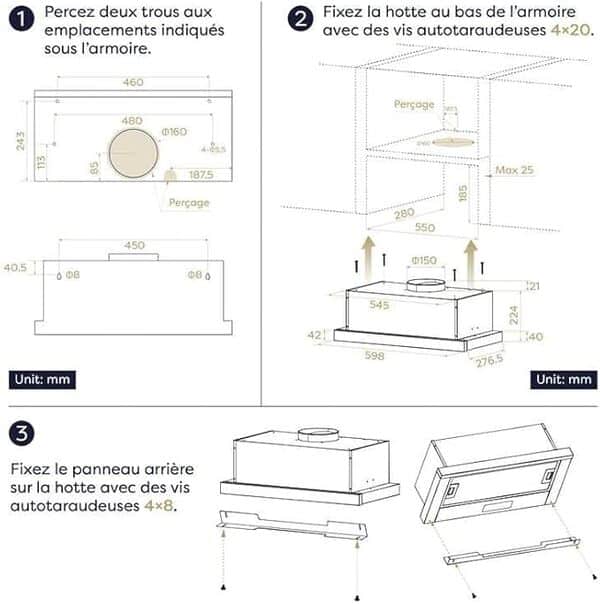 CIARRA CBCS6909A Hotte Encastrable 60cm 600 m³/h A+ Hotte Plate Intégrée 3 Vitesses avec Filtre à Charbon CBCF055, Commande Tactile, Inox [Classe énergétique A+]