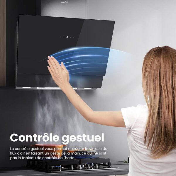 COMFEE' ANGJ72B Hotte aspirante A+++ 60 cm 650 m³/h Hotte Inclinée en verre trempé et en acier inoxydable, contrôles tactiles et gestuelles, 4 niveaux de vitesse, LED, recyclage de l'air, Noir [Classe énergétique A+++]