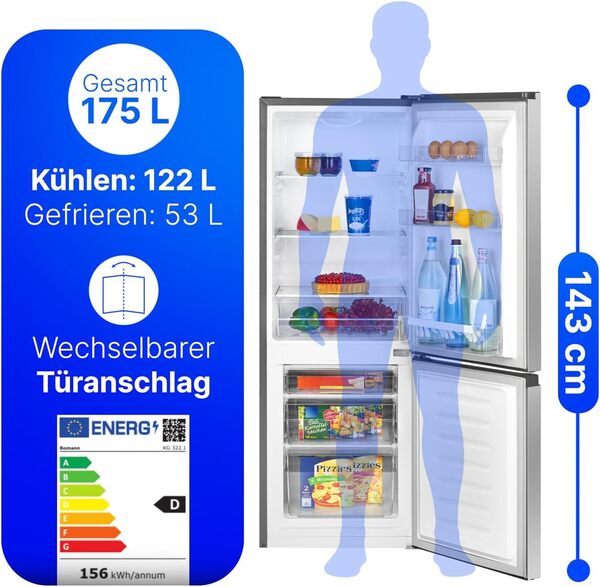 Bomann Réfrigérateur et congélateur 175L inox KG322-1-inox, Capacité nette : 175 litres, Contrôle de la température en continu, Charnières de porte à droite, interchangeables, Pieds réglables [Classe énergétique D]