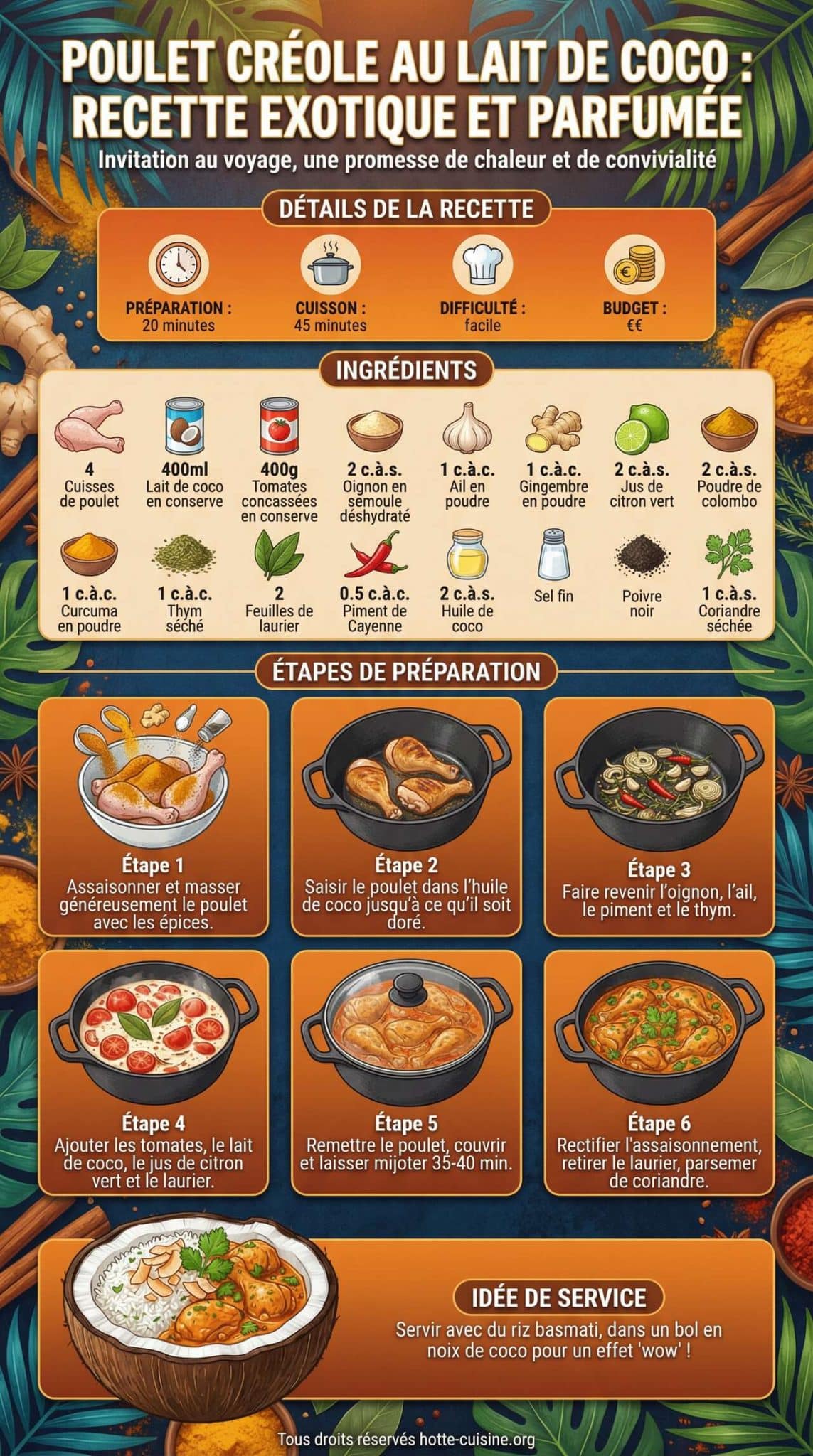 Fiche recette Poulet cr&eacute;ole au lait de coco : recette exotique et parfum&eacute;e