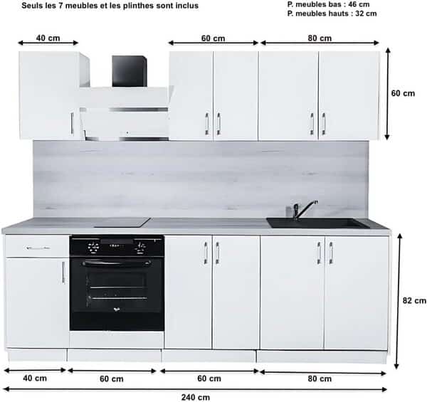 Cuisineandcie - Rangement Cuisine Equipee Complete ECO Blanc Brillant 240 cm - Set de 7 Meubles