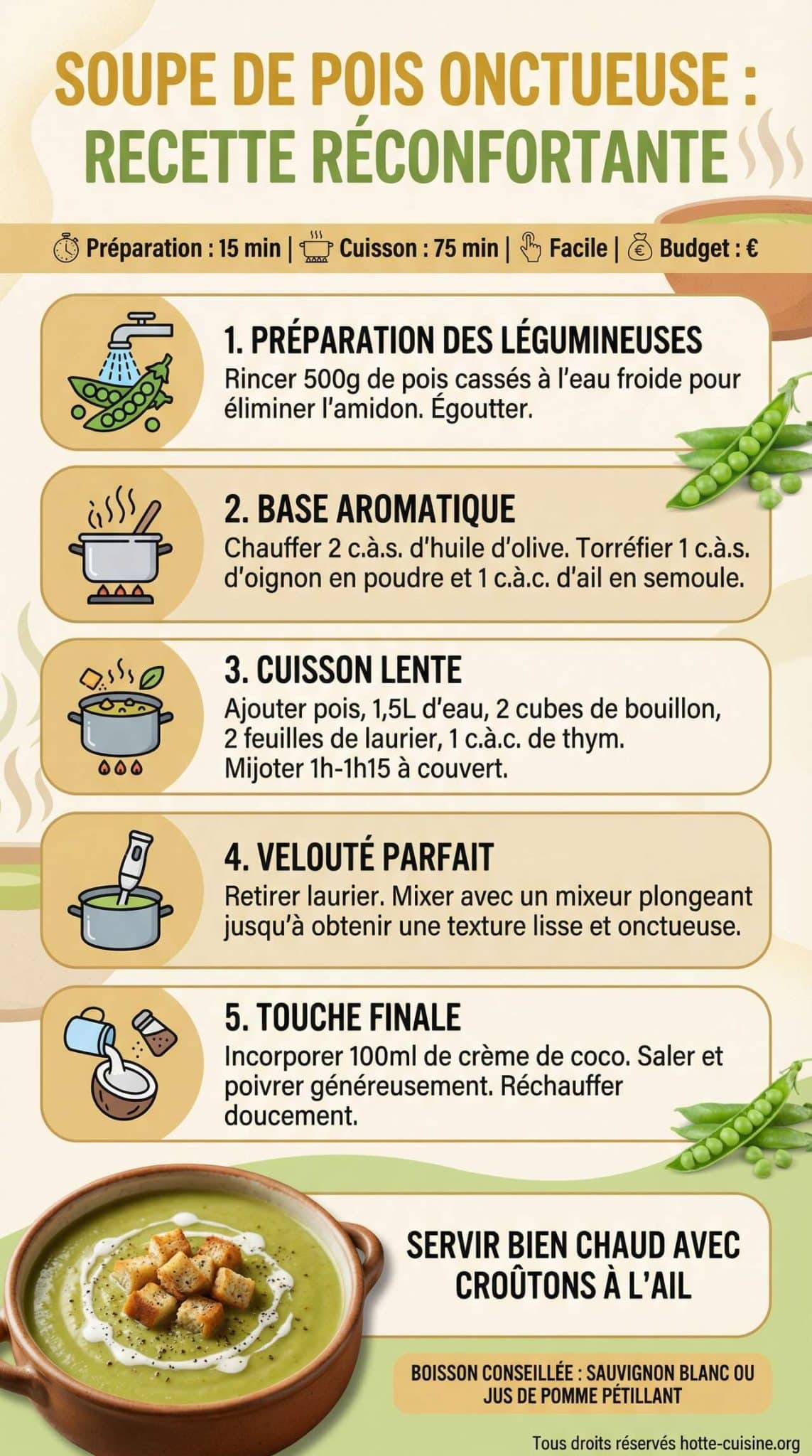 Fiche recette Soupe de pois onctueuse : recette r&eacute;confortante