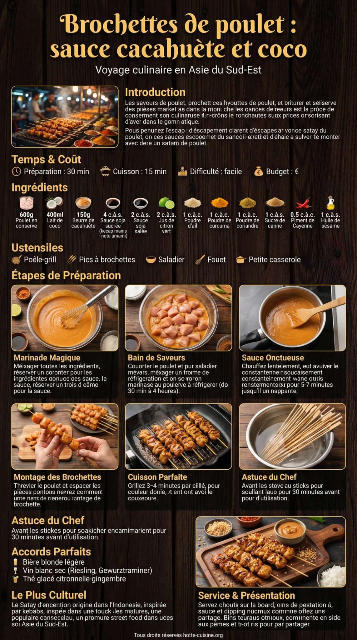 Fiche recette Brochettes de poulet : sauce cacahu&egrave;te et coco