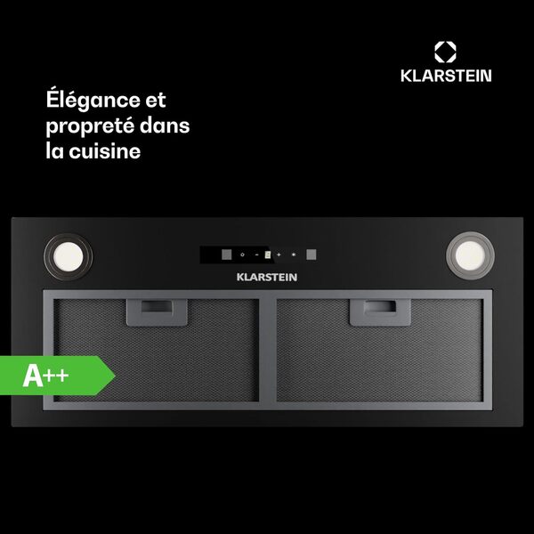 Klarstein Hotte Aspirante Encastrable 72 cm, Hotte Aspirante Silencieuse, Hotte de Cuisine avec Lampes LED, Débit d'Air Puissant 439 m³/h, Minuterie, Commandes Tactiles, Hotte avec Évacuation [Classe énergétique A++]