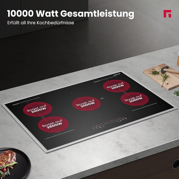 GASLAND IH905BFB Plaque de Cuisson Induction encastrable 90 cm, 5 foyers avec cadre en inox, zone spéciale BBQ, PowerBoost, 10000W (Poêle non incluse)