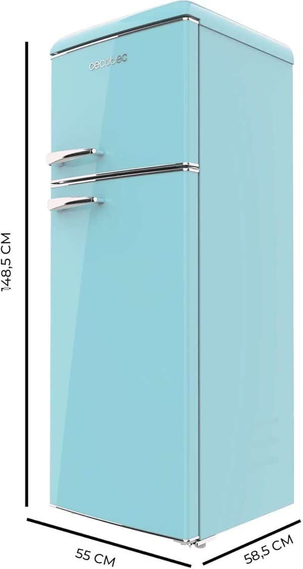 Cecotec Réfrigérateur à deux portes rétro 215 L Bolero CoolMarket 2D Origin 215 Bleu. Hauteur 148,2 cm et largeur 55,2 cm, LED, Poignée chromée, Étagères en verre, Contrôle de la température [Classe énergétique E]