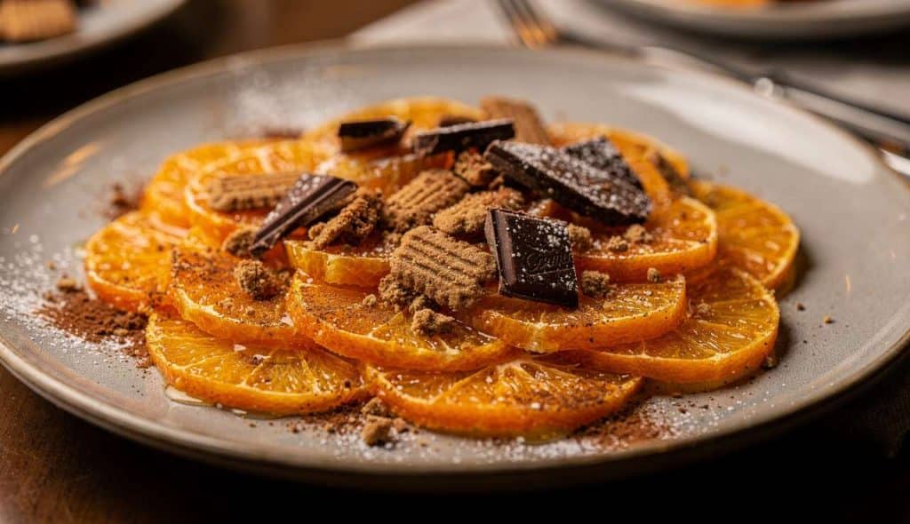 Carpaccio d'oranges au Cointreau et spéculoos croquants au chocolat