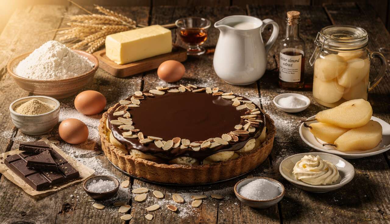 Tarte aux poires, ganache et crème amandine : recette gourmande