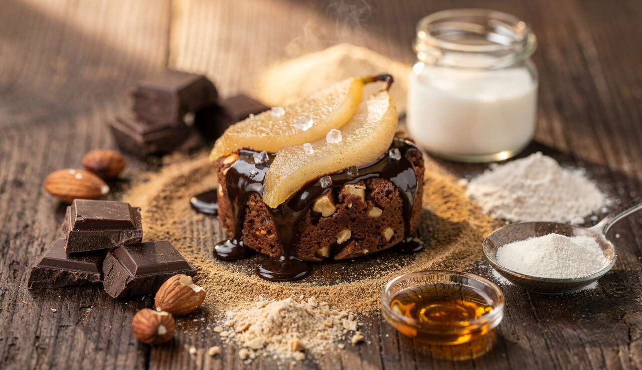 Biscuit au chocolat et noisettes, poires fondantes