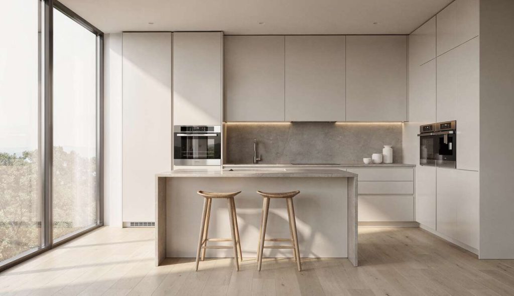 Rangements invisibles dans une cuisine minimaliste