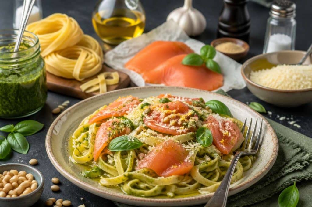 Tagliatelles au pesto et saumon fumé : recette gourmande