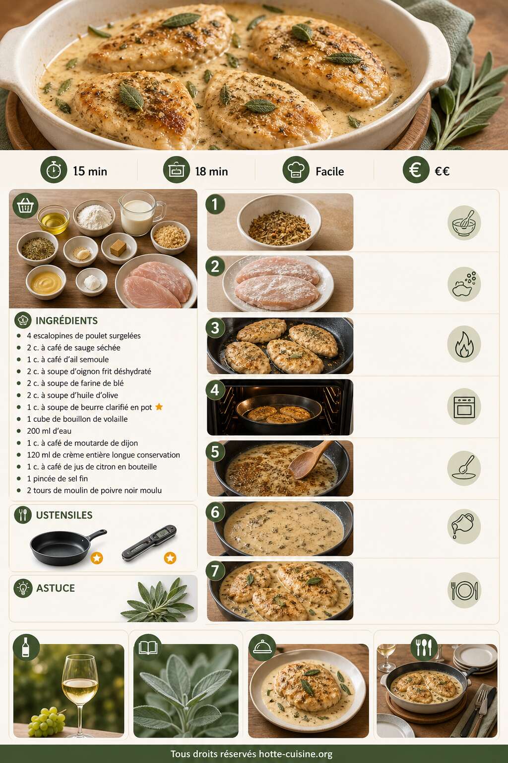 Fiche recette Escalopines de poulet r&ocirc;ties &agrave; la sauge : recette simple et savoureuse