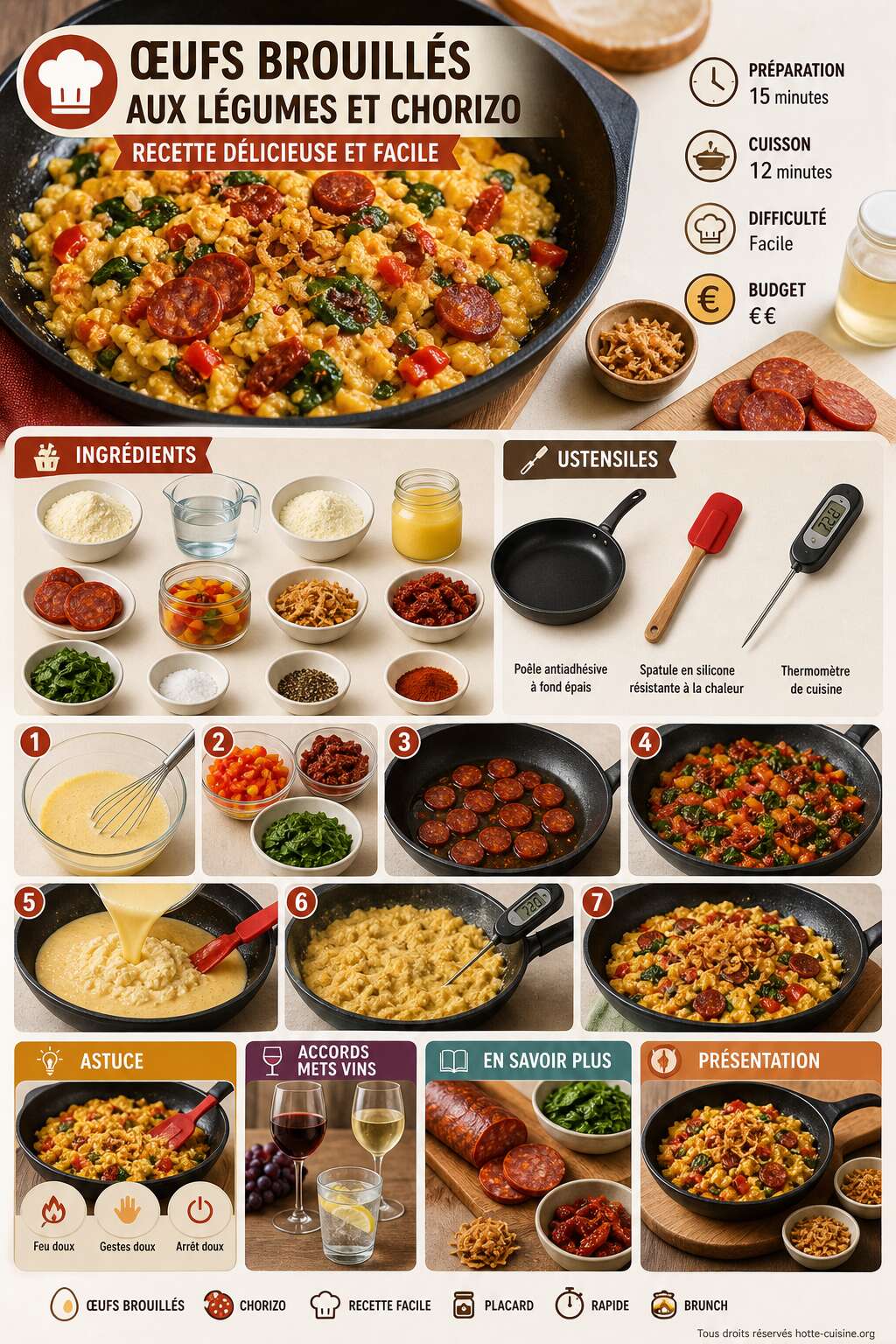 Fiche recette Œufs brouillés aux légumes et chorizo : recette délicieuse et facile Fiche recette Œufs brouillés aux légumes et chorizo : recette délicieuse et facile