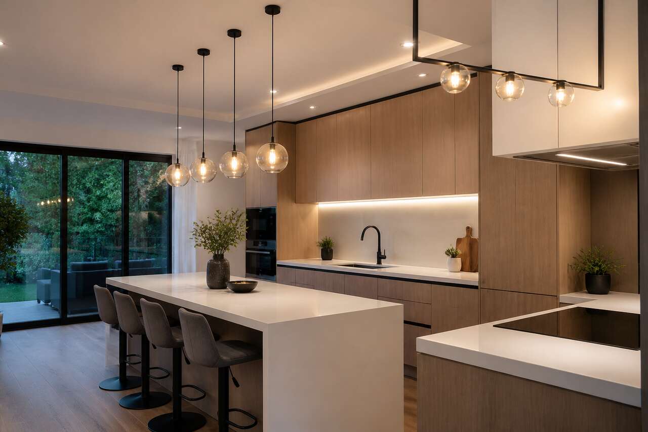 Choisir les luminaires selon l&rsquo;implantation : &icirc;lot, lin&eacute;aire, en l, petite cuisine